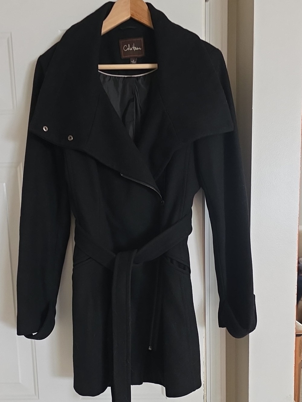 Cole Haan Black Belted Asymmetrical Mid Length Trench Coat
